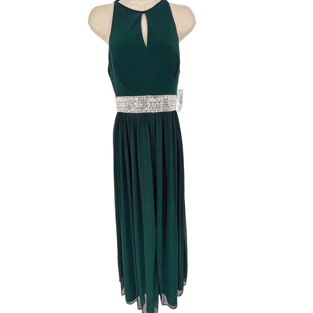 R&M Richards Hunter Green Embellished Waist Keyhole Formal Maxi Dress 6 New